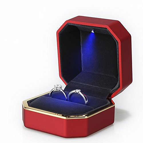 Luxury Ring Box, Square Velvet Wedding Ring Case Jewelry Gift Box with LED Light for Proposal Engagement Wedding, Red - color: Red, size: Ring Box