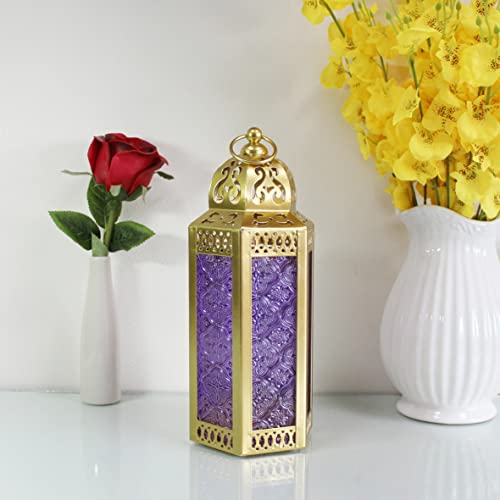 CVHOMEDECO. Decorative Candle Lantern Moroccan Lanterns Vintage Golden Metal Lantern Holder for Home Patio Outdoor Decor. Purple Glass, Medium - color: Purple G
