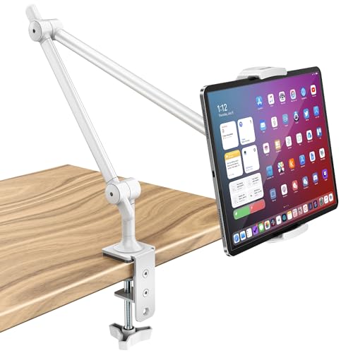 AboveTEK Tablet Stand Holder for Desk & Bed, Aluminum iPad Holder Arm with 360° Rotating Clamp, Adjustable Phone Stand Compatible with 4.7"-13.5" iPad Pro/Air/Mini, iPhone, Galaxy Tab- White - color: White