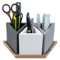 MyGift Modern Concrete Desk Organizer Set with 3 Triangular Gray-Tone Pen Holders and Acacia Wood Tray, 4-Piece Office Storage Solution for Pens, Pencils, and Supplies - color: Wood