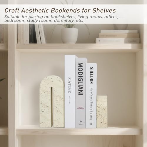 BOHDK Book Ends for Shelves, Resin Heavy Duty Decorative Bookends, Retro Arch Book Holder for Heavy Books, Imitation Travertine Book Stopper for Home Decor, Study, Bookshelf, Desktop, Set of Two