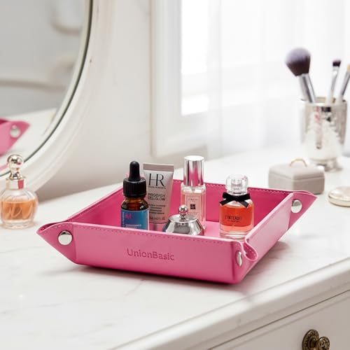 UnionBasic Small Valet Tray, Jewelry Tray for Rings Watches Earrings, Entryway Catchall Caddy for Coins Keys Change, Nightstand Bedside Valet Holder, Trays for Electronic Gadgets, Roseo - color: Roseo, size: 5.4" x 5.4" x 1.6"