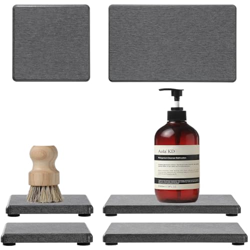 4PCS Water Absorbing Sponge Holder Diatomite Stone Sink Tray Mat, Quick Drying Kitchen & Bathroom Counter Tray Vanity Caddy, Diatomaceous Earth Dish Soap Dispenser Organizer, Dark Gray - color: 4 Pack - Dark Gray, size: 9" x 3.5"