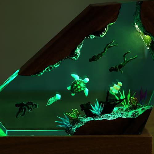 Drawelry Ocean Creative Epoxy Resin Wood Light Lamp, Handmade Multi Color Aquatic Ocean Lamp Deep Sea Diver Cave Diving Enthusiasts Led Night Light Desktop Decor Christmas Birthday Gift (Octopus, S) - color: Octopus