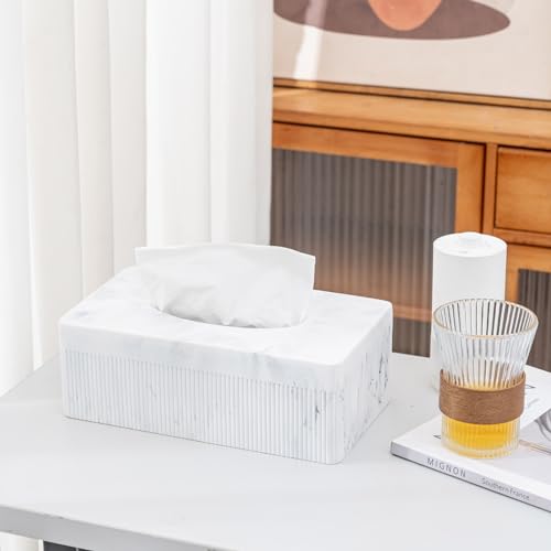 Marble Tissue Box Cover, Rectangular Napkin Facial Tissues Holder for Home Office, Hand Poured Marble Tissue Box Holder, 10 x 5.7 x 3.7 inches, White - color: B-white
