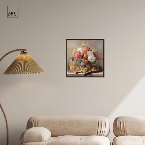 Art Remedy Cat Floral Vase Perfume Canvas Fashion Pet Art, Black Frame, 20" x 20" - color: Black Frame, size: 21"L x 21"W