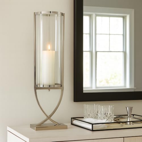Contemporary Metal and Glass Hurricane Candle Holder - Decorative Pillar Candlestick Holder for Table Centerpiece - Elegant Home Decor Accents for Any Special Occasion Decoration - 27" Silver - color: Silver, size: 27"