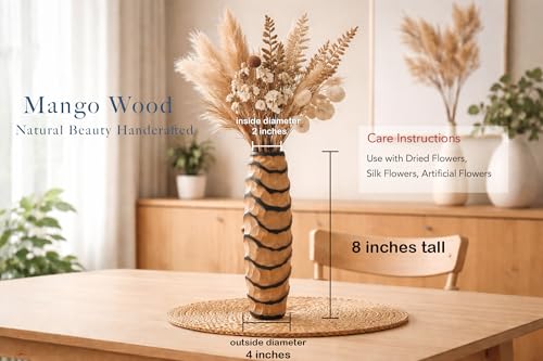 Aeravida Locally Spiral 14-inch Handmade Mango Wood Vase – Carved Decorative Table Vase for Home or Office
