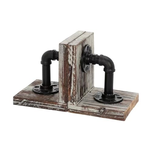 Wooden Ancient Bookends for Heavy Books Realistic Industrial Iron Pipe Design Farmhouse Bookends for Home Office(Brown & White) - color: Brown and White