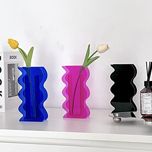 Hot Pink Acrylic Vase, 8-Inch Wave Shaped, Modern Centerpiece, Home Office Decor - color: Hot Pink