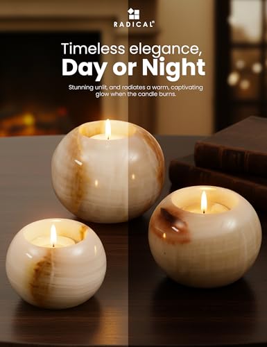 Radicaln Marble Tealight Candle Holder 4" Inch White Onyx Handmade Decorative Votive Candle Holder for Home Decor, Elegant Set of 3 Mini Candle Holders & Marble Taper Holder for Housewarming Gifts - color: White Onyx