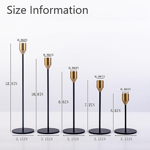 Set of 5 Black Taper Candlestick Holders with Brass Top, Metal Candle Stick Holder, Antique Mid-Century Candle Holders for Table Centerpiece, Mantel, Dining Table Decor