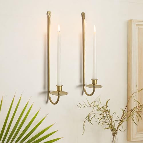 Wall Candle Holders Set of 2 Handcrafted Wrought Iron Sconces with Gold Finish, Easy to Install Modern Candle Holders for Living Room, Bedroom, Hallway, Wedding or Holiday Decor - color: Gold