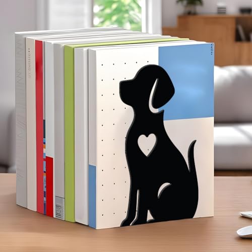 WADORN Dog Metal Bookends for Shelves Decorative 1 Pair, Puppy Heavy Duty Books End Support Non-Skid Book Holder Animal Black L-Shaped Book Stopper for Home Office Desk Books Divider, 4.7x3.5x7 Inch - color: Dog Heart