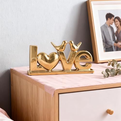 DOVDOV Gold Ceramic Love Sign Sculpture with Heart and Bird Statues, Modern Home Decor Accents for Living Room Coffee Table, TV Stand, Entryway and Shelf, Wedding or Housewarming Gift - color: Gold
