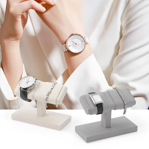 Double Watch Display Stand - Luxury Watch Holder with Soft Microfiber Lining for Jewelry Store, Home Decor & Travel | Compact 6x3x4.3in(Beige) - color: Beige