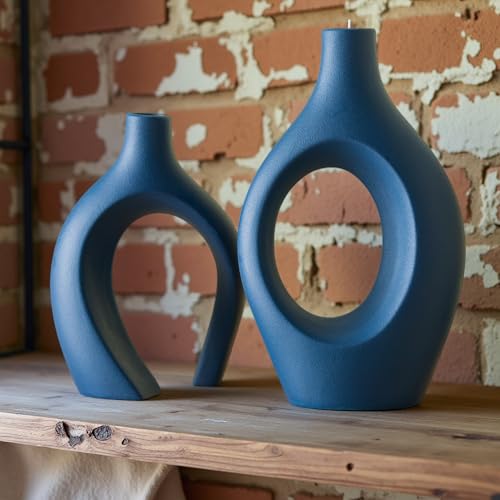 Lvases Snuggle Hollow Ceramic Vase Set of 2, 11Inch Nordic Modern Boho ins Style Decorative Ceramic Aesthetic Flower Vases for Home Decor Living Room Shelf Table Decorative (Matte Navy Blue) - color: Extra Large Navy Blue