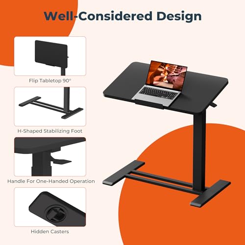 Medical Adjustable Overbed Bedside Table with Casters 90° Tilting Desktop Pneumatic Mobile Rolling Laptop Computer Standing Desk Cart with Tray, Hospital Table(31.5" W x 17.7" D, Black) - color: Black, size: 3218