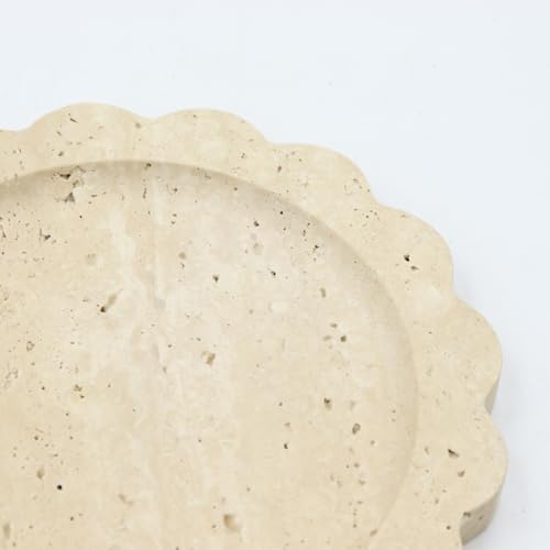 Round Marble Decorative Tray with Scalloped Edge, Luxury Natural Stone Bathroom Vanity Tray, Dresser Top Perfume Coffee Home Kitchen Sink Tray, Key Trinket Ring - color: Beige Travertine