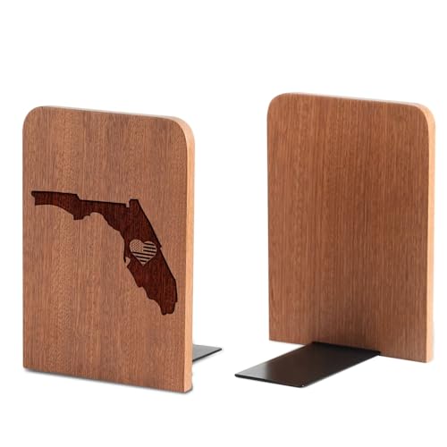 Florida Gifts for Women Men, Florida Themed Souvenirs - Heavy Duty Iron & Ebony Wood Book Ends for Shelves Bookcase Desk - 1 Pair, 4.72x6.69 Inches - Heart - color: Heart