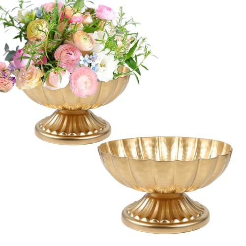 Vindar Gold Compote Bowl Vase for Centerpieces, Set of 2 Elegant Pedestal Vase for Wedding, Dining & Home Decor, Sturdy Metal Flower Arrangement Vase for Indoor Dry Displays(Gold, 7 inch) - color: Gold, size: 7 inch