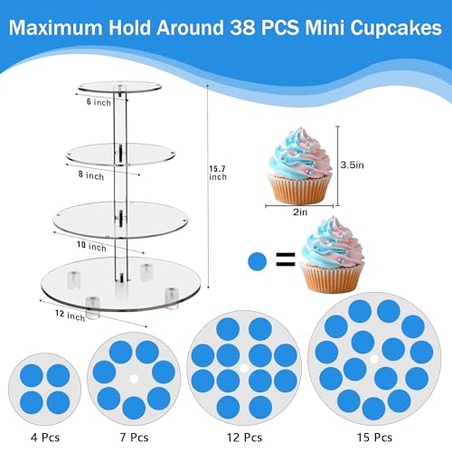 YestBuy 4 Tier Round Cupcake Stand – Premium Cupcake Holder – Acrylic Cupcake Tower Display- Cady Bar Party Décor + LED Light String – Ideal for Weddings, Birthday Parties & Events (Blue) - color: Blue, size: 4 Tier Round