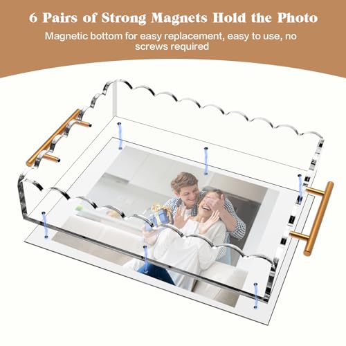 Acrylic Scalloped Tray 14'' X 11'' Acrylic Serving Tray with Magnetic Mat and Handles for Customizable Picture, Clear Acrylic Tray for Bathroom Kitchen Living Room Decor Vanity Perfume