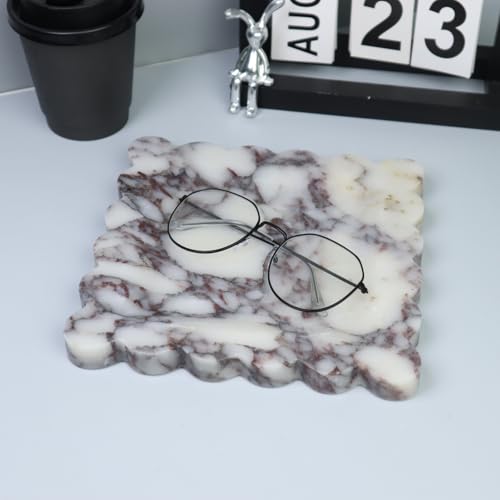 Square Marble Decorative Tray with Scalloped Edge, Luxury Natural Stone Bathroom Vanity Tray, Dresser Top Perfume Coffee Home Kitchen Sink Tray, Key Trinket Ring - color: Bvlgari Purple