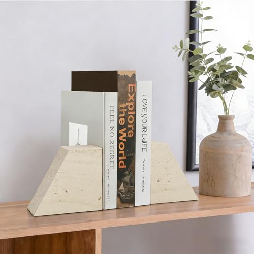 4"x5" Natural Marble Bookends for Shelves, Beige Travertine Book Ends, 7LBS Heavy Duty Marble Book Holder, Home Living Room Ornaments, Apartment Decor for Movies/CD/Video Games, Set of 2
