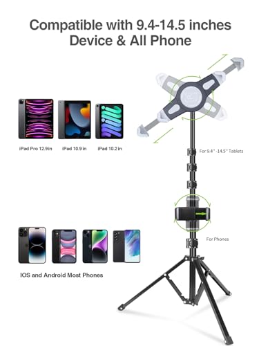 Elitehood iPad Tripod Stand, 65 Inch Height Adjustable Stand Holder with 360 Rotating Floor Tripod for 9.5-14.5 Inch Tablets - size: 9.5-14.5 inch