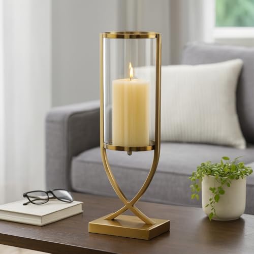 Contemporary Metal and Glass Hurricane Candle Holder - Decorative Pillar Candlestick Holder for Table Centerpiece - Elegant Home Decor Accents for Any Special Occasion Decoration - 23" Gold - color: Gold, size: 23"