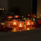 6 Pack Patented Sun Moon Star Embossed Glass Tea Light Candle Holders - Unique Votive Candle Holders for Wedding, Party, and Table Centerpieces (Pumpkin Spice) - color: Pumpkin Spice