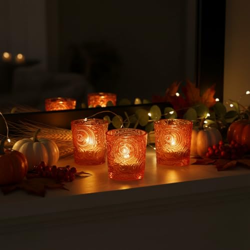 6 Pack Patented Sun Moon Star Embossed Glass Tea Light Candle Holders - Unique Votive Candle Holders for Wedding, Party, and Table Centerpieces (Pumpkin Spice) - color: Pumpkin Spice