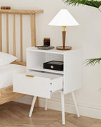 Veegle Nightstand,Modern Bedside Table with Storage Drawer and Open Wood Shelf, Accent Night Stand with Solid Wood Legs for Living Room, Bedroom and Small Spaces,Easy Assembly (White) - color: White