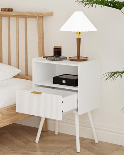 Veegle Nightstand,Modern Bedside Table with Storage Drawer and Open Wood Shelf, Accent Night Stand with Solid Wood Legs for Living Room, Bedroom and Small Spaces,Easy Assembly (White) - color: White