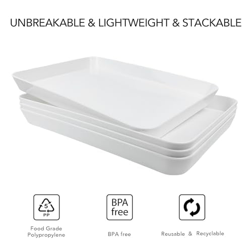 greenandlife 4 Pcs 16" x 11" Large Serving Trays for Party Supplies, Plastic Platters for Serving Food, Unbreakable Reusable Trays for Snack, Fruit, Cookies, Desserts in Kitchen, BPA Free, White - color: White
