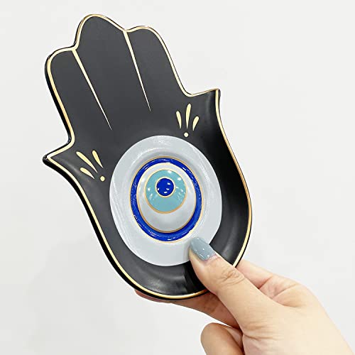 Ceramic Hamsa Hand Incense Holder - 2 in 1 Brass Incense Holder for Sticks and Coil Incense- Zen Decor with Hand of Fatima Design Protection from Evil - 6.2" L X 4.5" W (Blackeye) - color: Blackeye