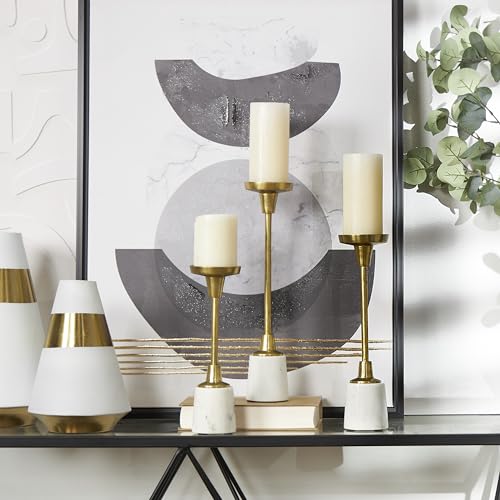 Deco 79 Aluminum Slim Candle Holder with White Marble Base, Set of 3 15, 13, 11" H, Gold
