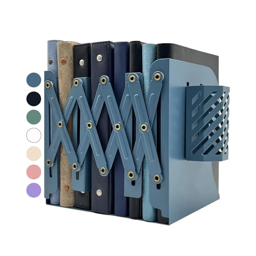 Kingsmile Book Ends, Adjustable Bookends for Shelves, Metal Bookends for Heavy Books, Book Stopper Organzier with Pen Holder for Desk, Kids Room, Office, Classroom, Library, Study Room.(Blue) - color: Blue