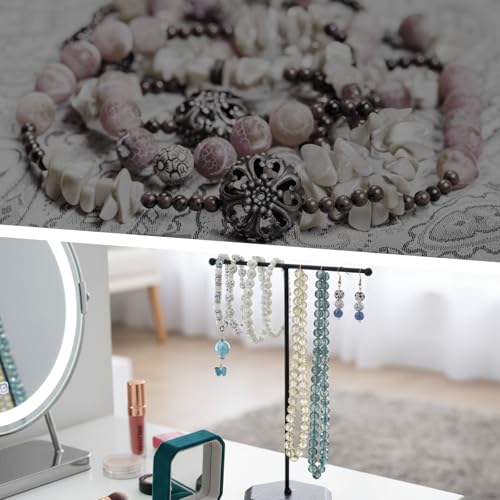 Tyqour Jewelry Stand Necklace Holder Organizer, Adjustable T-Bar Necklace Display Stand with Black Metal Base, Hanging Jewelry Organizer for Necklaces, Bracelets, Earrings, Watches