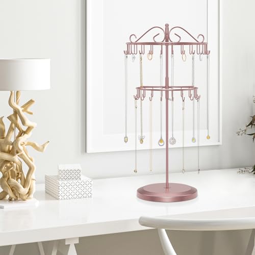 iDavosic.ly 2 Tier Rotating Necklace Holder Organizer with 42 Hooks, Adjustable Metal Bracelet Display Stand Rack, Extra Tall Keychain Spinning Tree Tower for Women, Rose Gold - color: Rose Gold