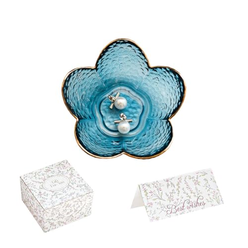 Gifts for Women Flower Ring Dish Jewelry Tray,Glass Trinket Dish Bathroom Room Decor Trinket Dish Valentine's Friendship Christmas Birthday Gifts for Women (Sea Blue) - color: Sea Blue