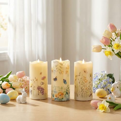 Eywamage Fiber Optic Flameless Pillar Candles with Remote Set of 3, Butterfly Floral Spring LED Candles Battery Operated Φ 3" H 6" - color: Butterfly Floral