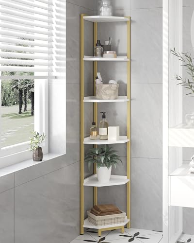 Hzuaneri Corner Shelf Stand, Corner Bookshelf, Storage Standing Shelf Unit with Metal Frame, Plant Stand, Bookcase for Living Room, Home Office, Bedroom, 6-Tier White Gold CS06003A - color: White Gold, size: 6 Tier