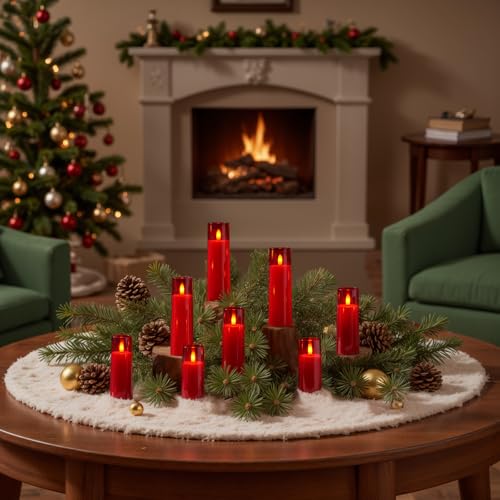 Homemory Decorative Flameless Candles, Battery Operated Candles with Remote & Timer, Flickering Led Pillar Candles, Plexiglass, Red, Pack of 9, D2.2 xH 5" 6" 7" - color: Red
