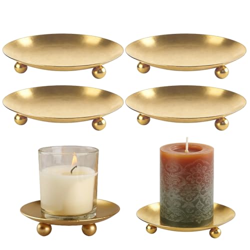4 Pack Pillar Gold Iron Plate Candle Stands,Decorative Candle Stand for Home and Table Decoration,Decorative Metal Candle Pedestals for Pillar Candles,Wax,Incense,Spa,Weddings(3.54”×0.59”)