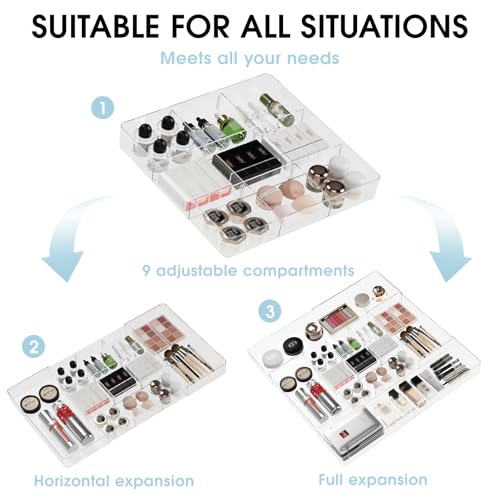 MIUOPUR Expandable Drawer Organizer, Width (10.6"-20.1") Depth (11"-20.1"), Clear Makeup Drawer Organizer with 6 Removable Dividers, Silverware Organizer, Great for kitchen and Bathroom Drawers - color: Clear