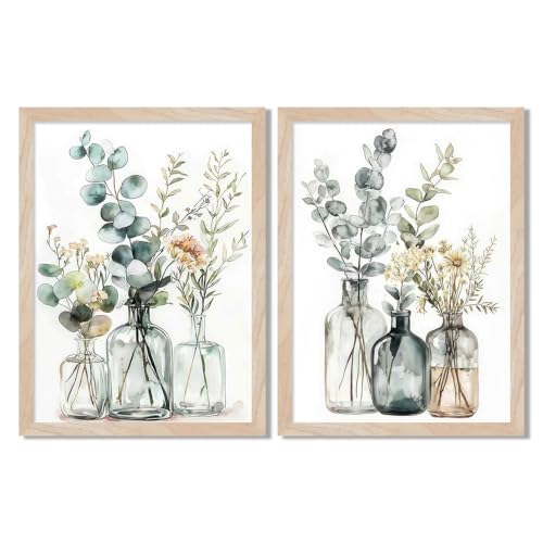 Framed Boho Eucalyptus Wall Art 2Pcs,Sage Green Plant and Flower in Glass Vase Canvas Prints, Minimalist Botanical Painting Picture, Nature Poster Artwork for Living Room,Bathroom, Kitchen Wall Decor 16X20IN - color: Boho Eucalyptus Framed, size: 20"L x 1