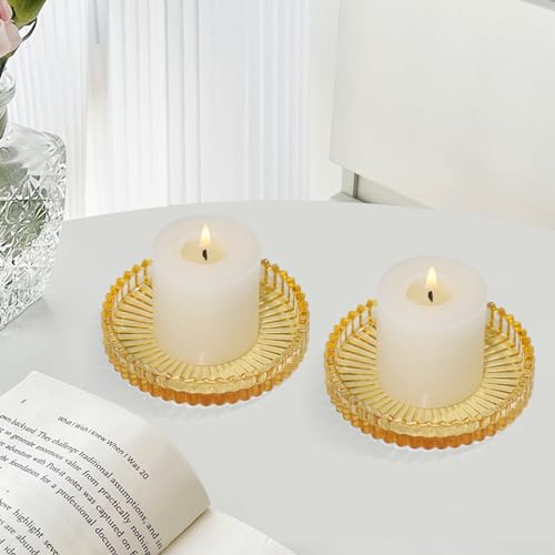 Vixdonos 3.8 Inch Glass Pillar Candle Holder Set Pack 2 Gear Round Plate Serrated Candle Stand for Table Centerpieces,Party, Wedding and Home Decor - color: Yellow