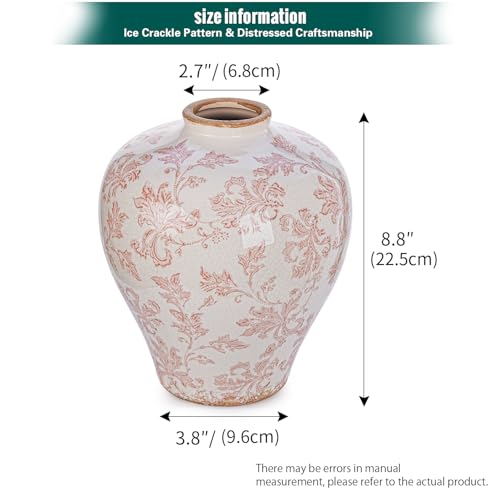 Sungmor Vintage Ceramic Flower Vase - 9.4 Inch Retro Ice Cracked Glaze Chinoiserie Vase, Rustic Farmhouse Home Décor Accent for Dried Flowers, Greenery - Table Centerpieces, Shelf, Mantel Decor - color: Pink